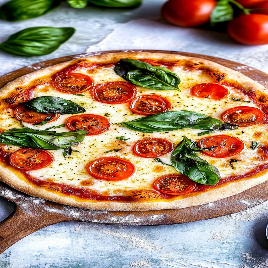 Recipe preparation for homemade margherita pizza with tomato and basil