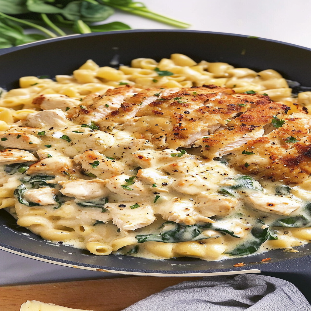 Recipe preparation for Creamy Spinach-Artichoke Greek Chicken Alfredo Recipe