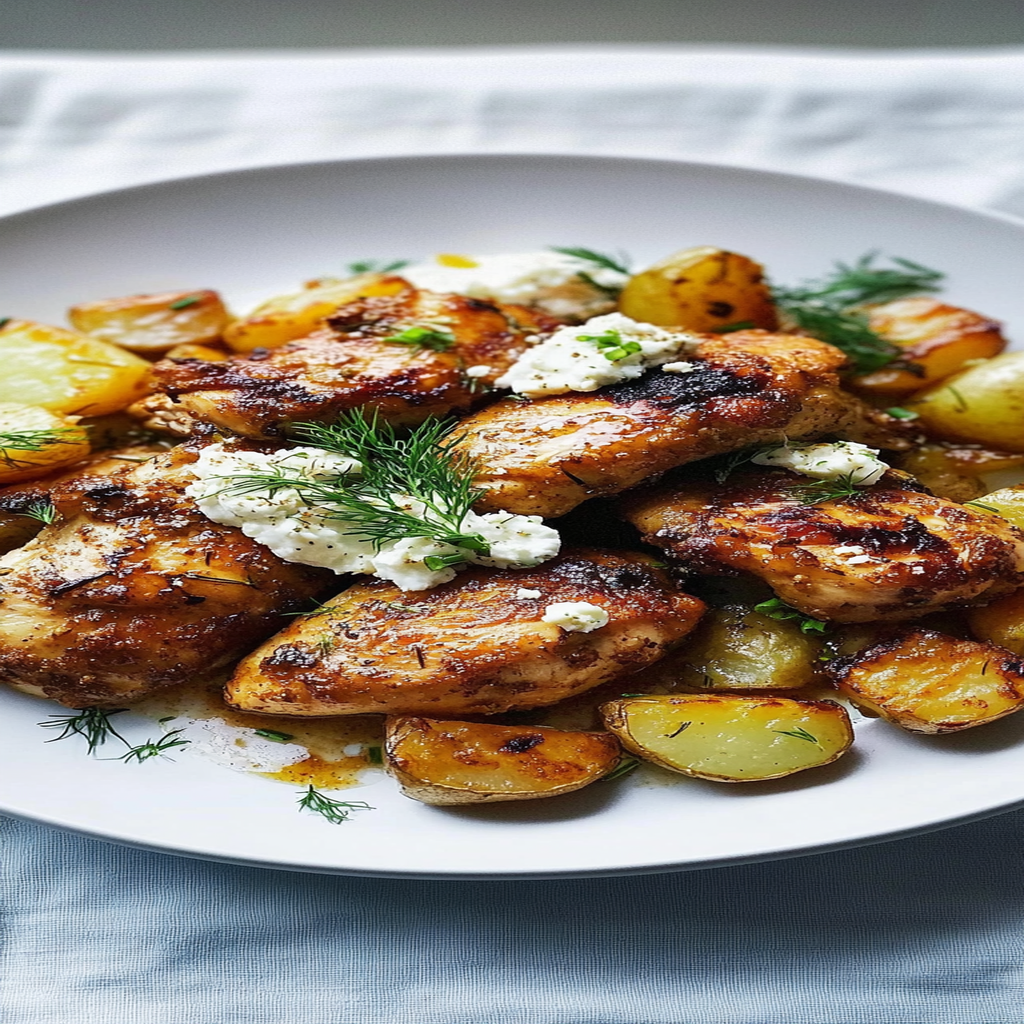 Recipe preparation for Spicy Yogurt Marinated Chicken with Dill Feta Cream & Crispy Baby Potatoes