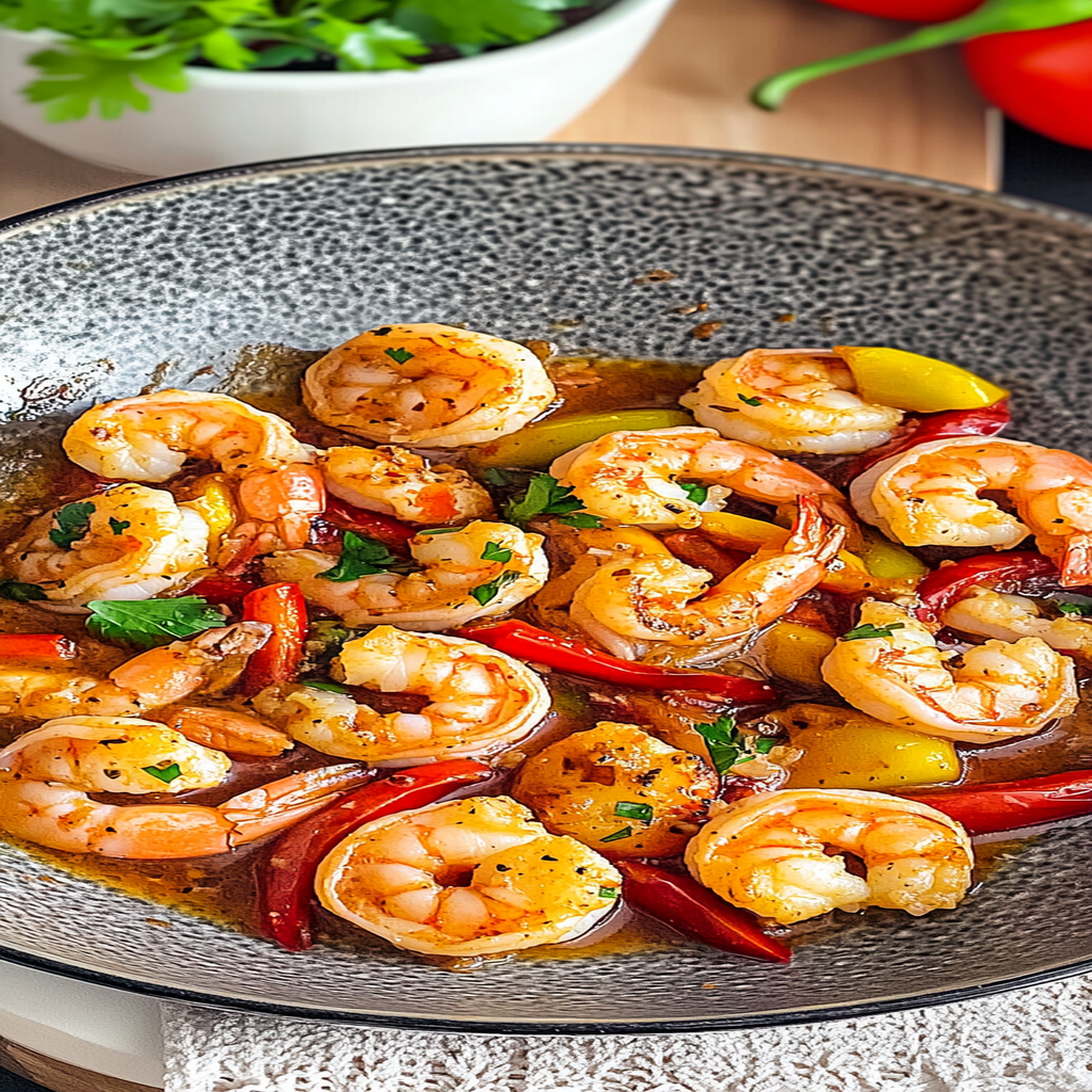 Recipe preparation for Chili Garlic Shrimp with Rainbow Peppers