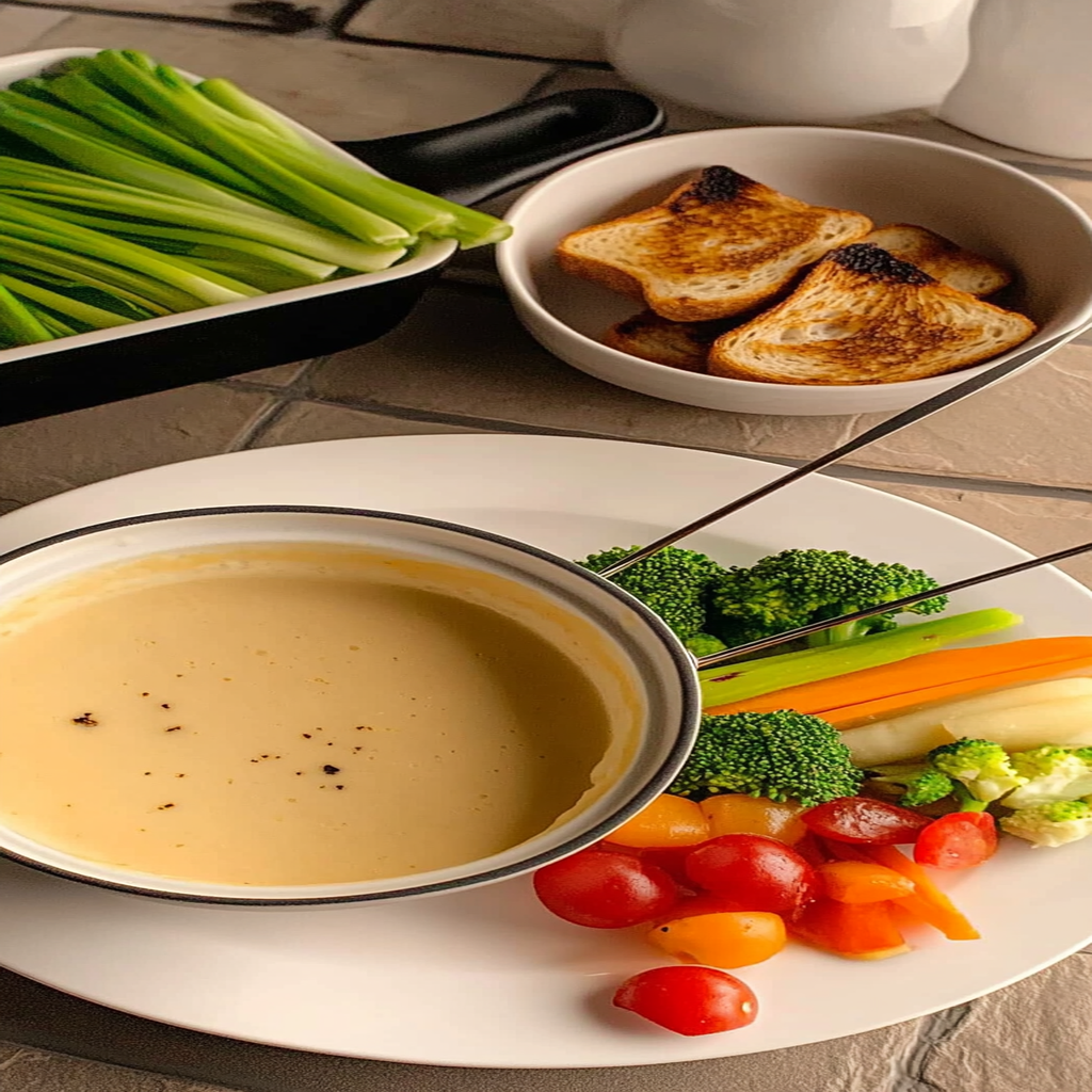 Recipe preparation for Cheese Fondue with Veggies and toast