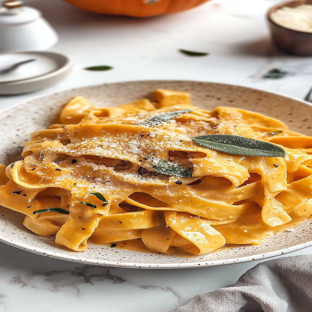 Recipe preparation for Creamy Pumpkin Alfredo Pasta