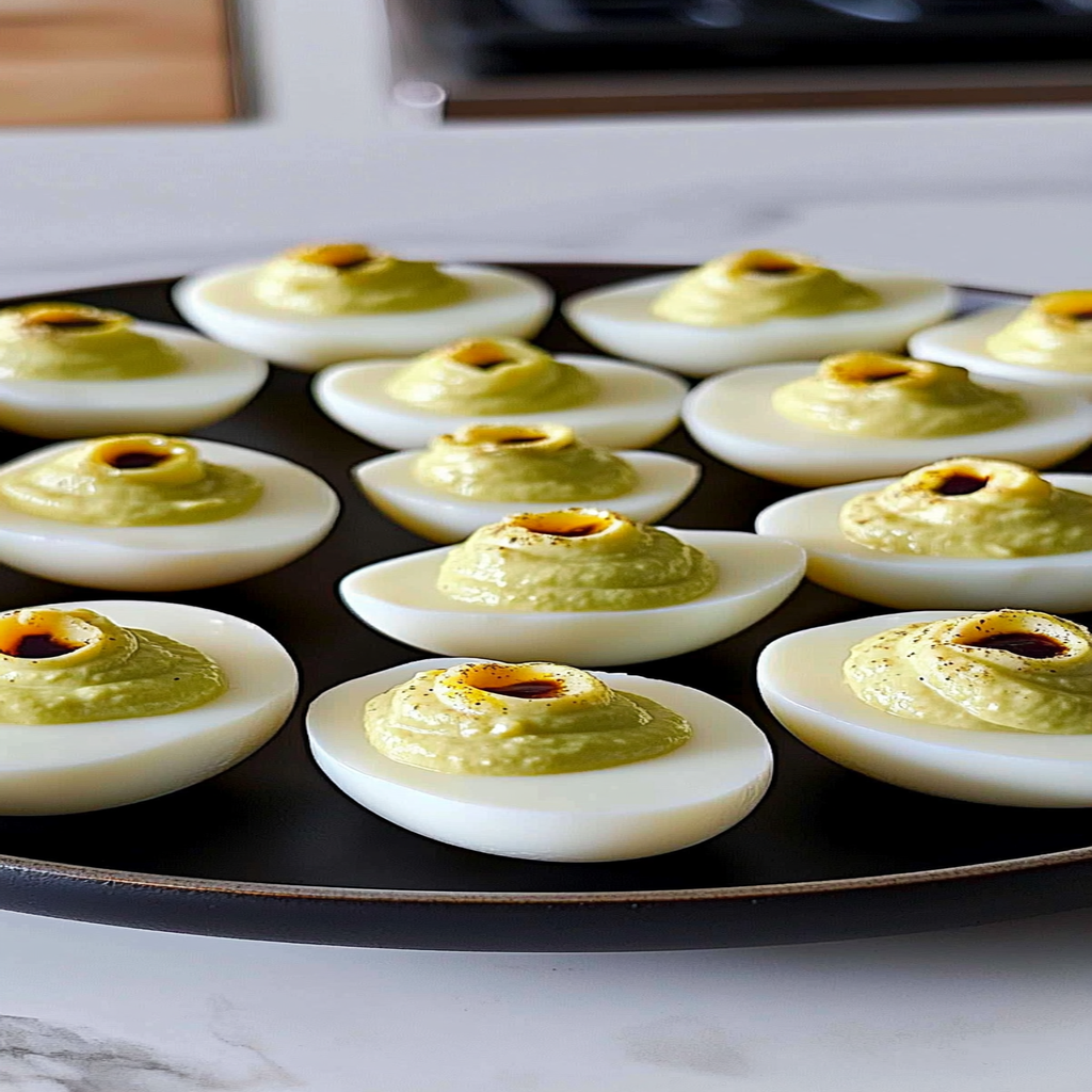 Recipe preparation for Creepy Deviled Eggs for Halloween