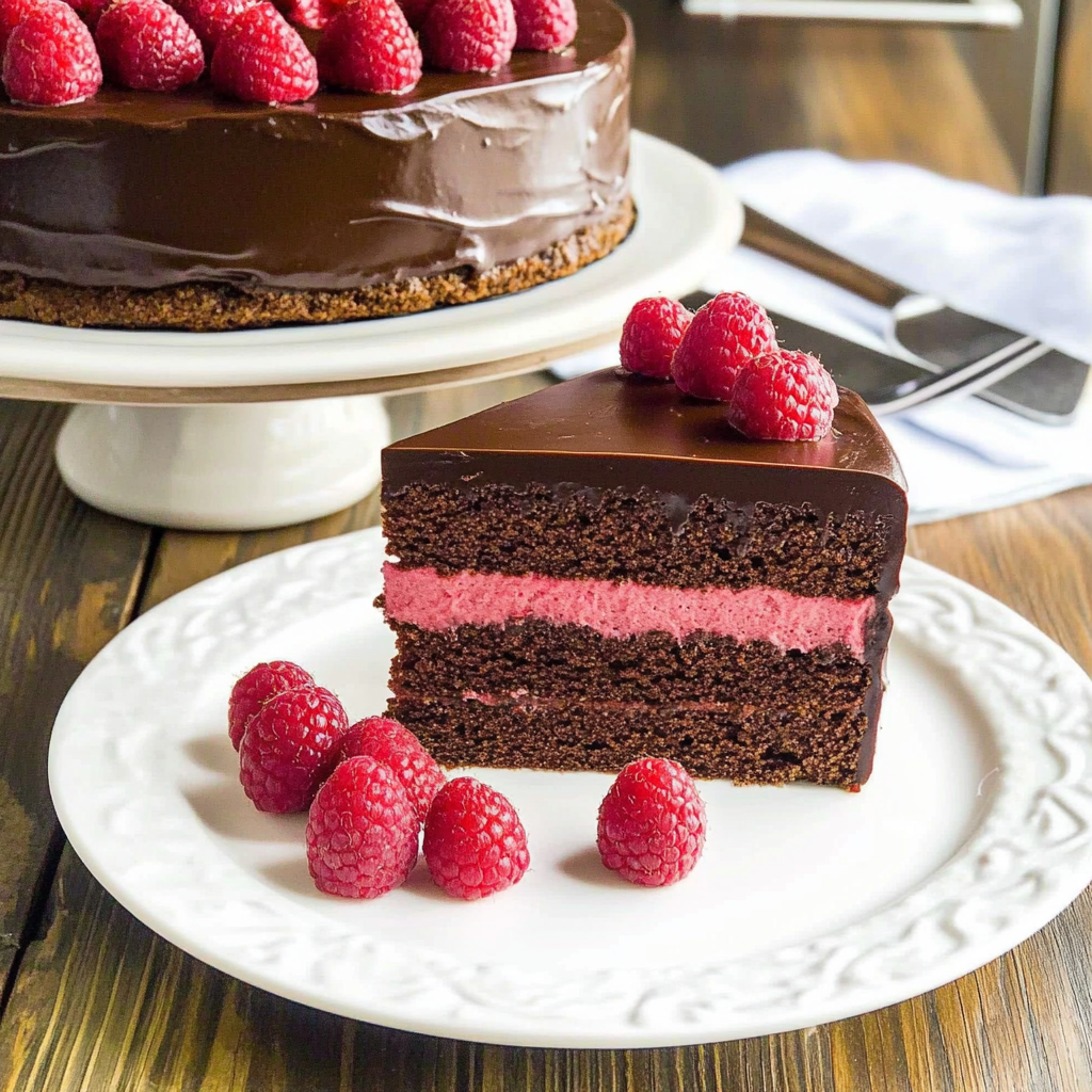 Recipe preparation for Dark Chocolate Raspberry Mousse Cake