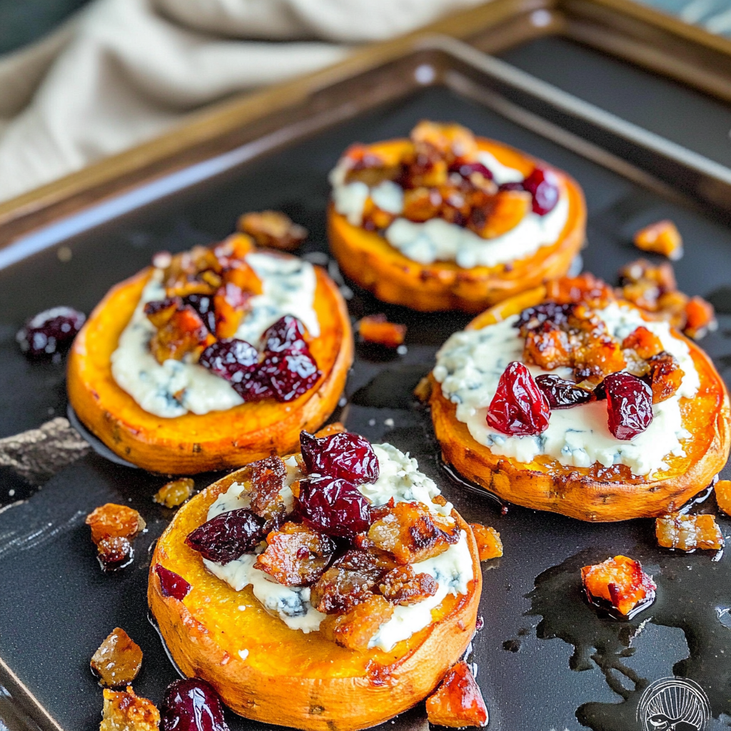 Recipe preparation for Sweet Potato Rounds with Blue Cheese & Cranberries