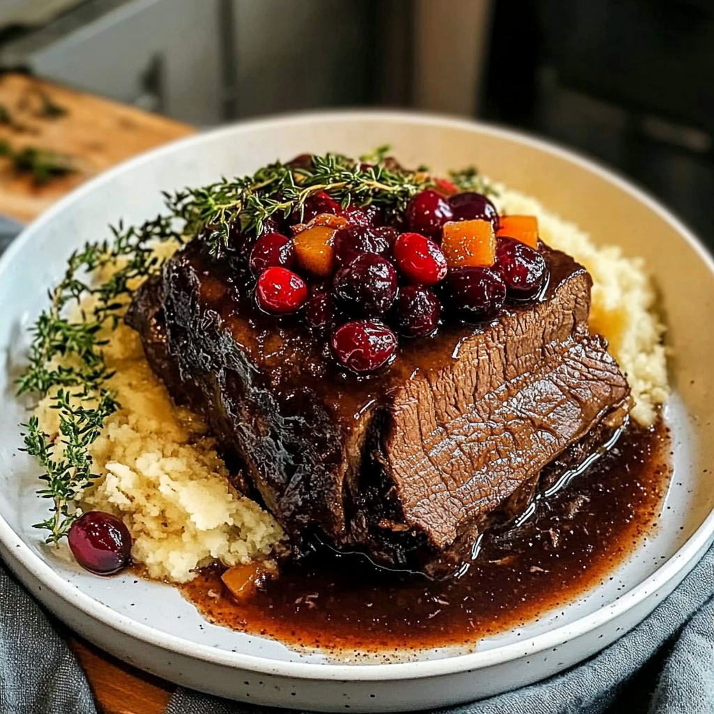 Recipe preparation for Slow-Braised Beef Roast with Cranberry Balsamic Glaze