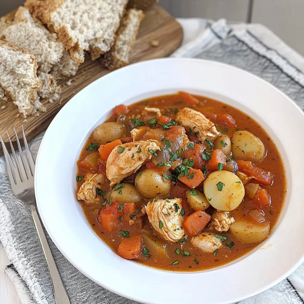 Recipe preparation for Creamy Chicken Stew with Potatoes, Carrots and Tomatoes