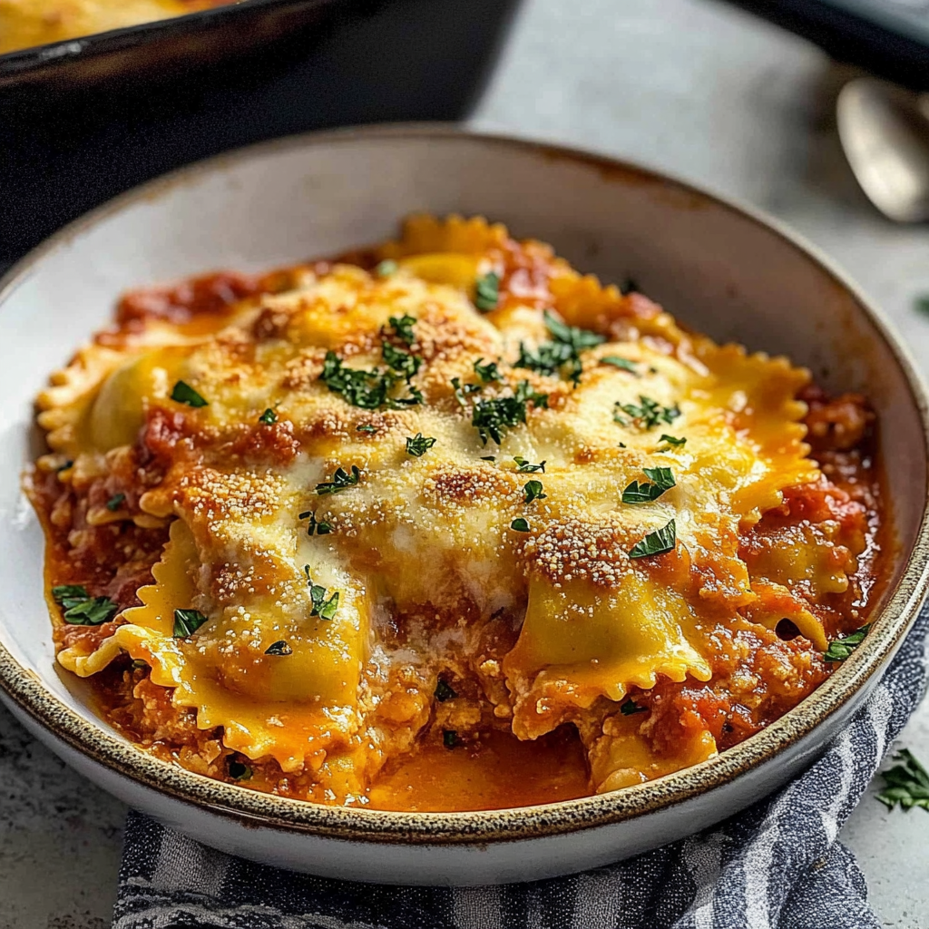 Recipe preparation for Cheesy Million Dollar Ravioli Casserole