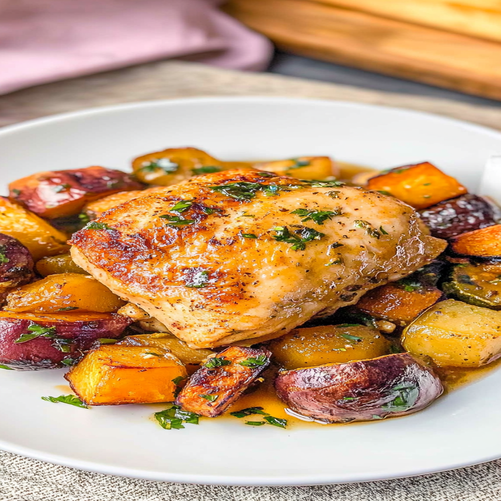 Recipe preparation for One-Pan Maple Dijon Chicken & Root Vegetables