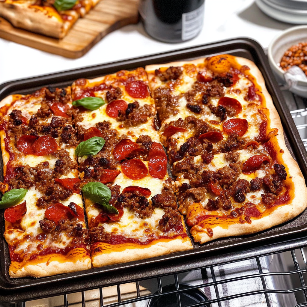 Recipe preparation for Sheet Pan Meat Lovers Pizza