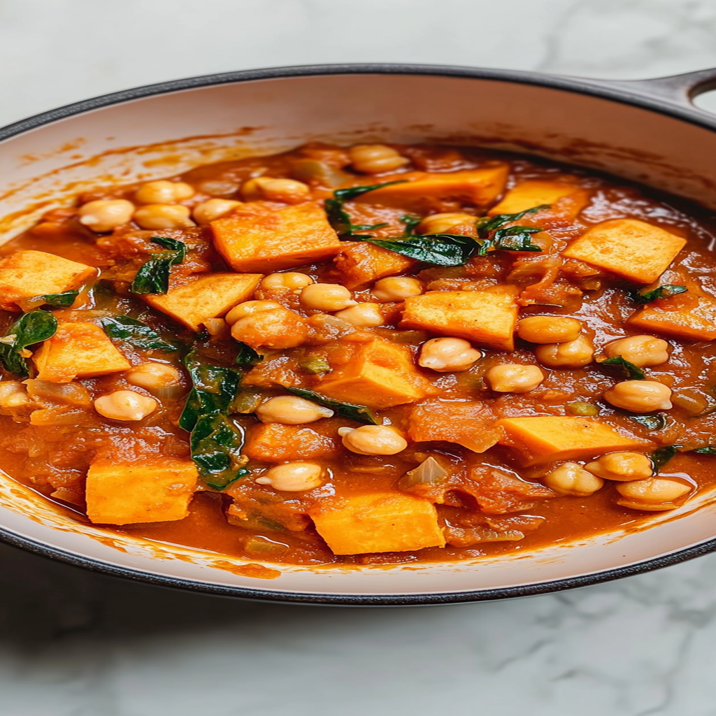 Recipe preparation for Saffron & Chickpea Stew with Sweet Potatoes