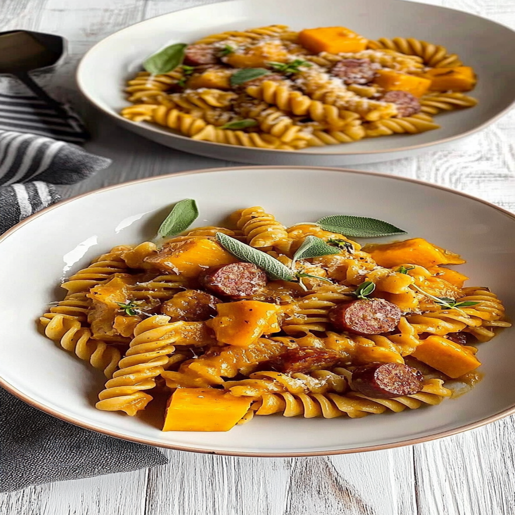 Recipe preparation for Fusilli with Pumpkin and Sausage