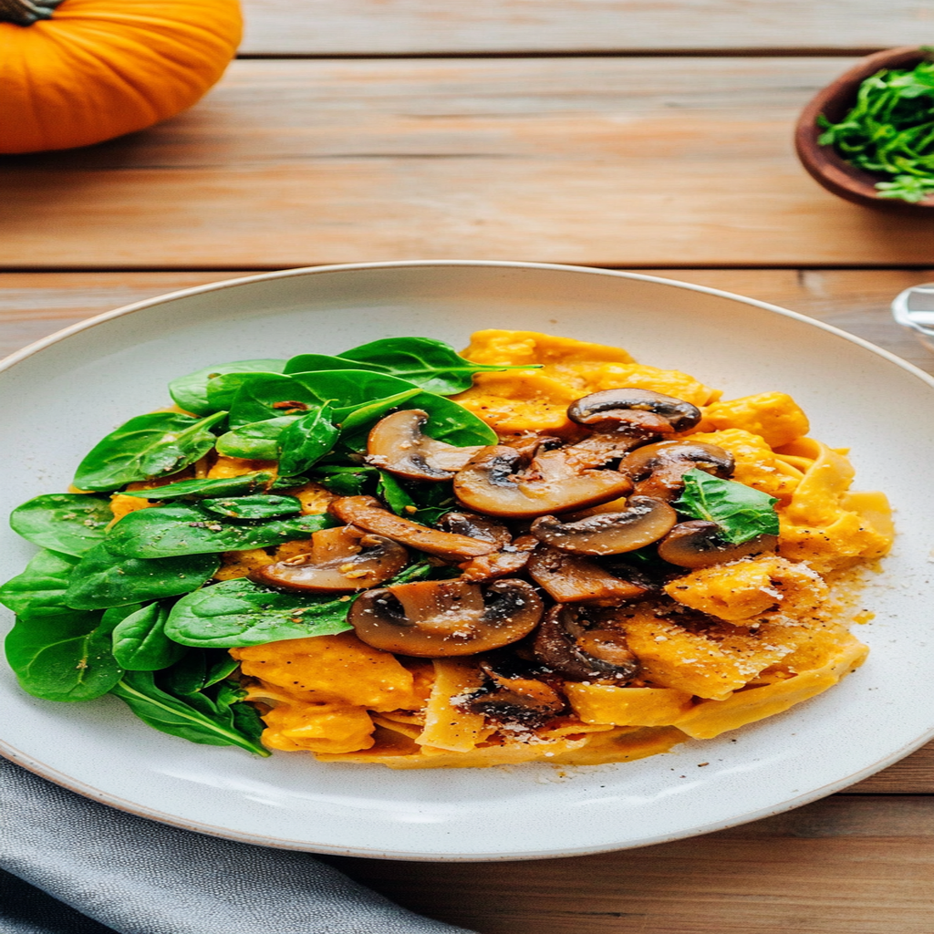 Recipe preparation for Vegan Pumpkin Pasta with Spinach and Mushrooms