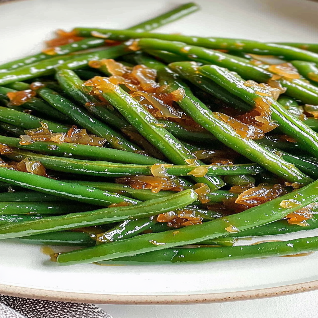 Recipe preparation for Lemon-Dijon Green Beans with Caramelized Shallots