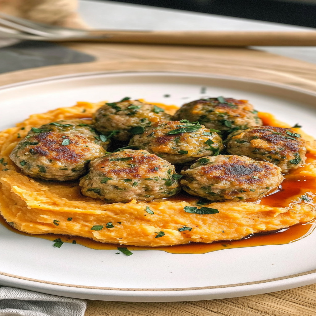 Recipe preparation for Pork Meatballs with Sweet Potato Mash & Bourbon-Maple Sauce