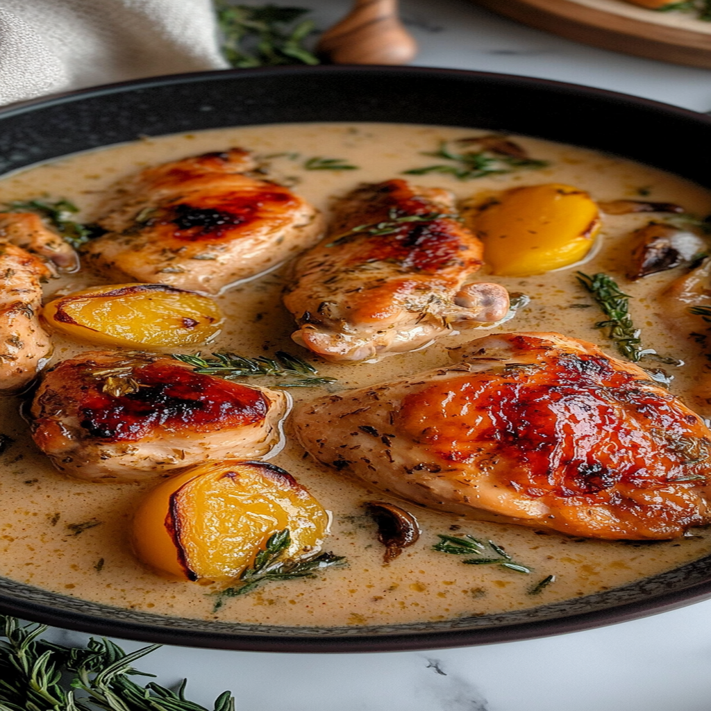 Recipe preparation for Herb Roasted Chicken in Creamy White Wine Sauce