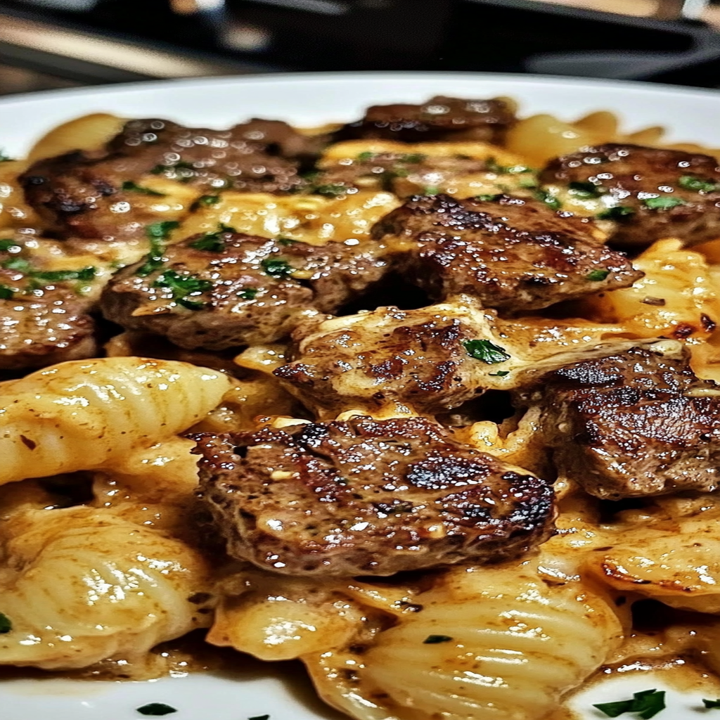 Recipe preparation for Garlic Butter Steak Bites & Creamy Parmesan Shells