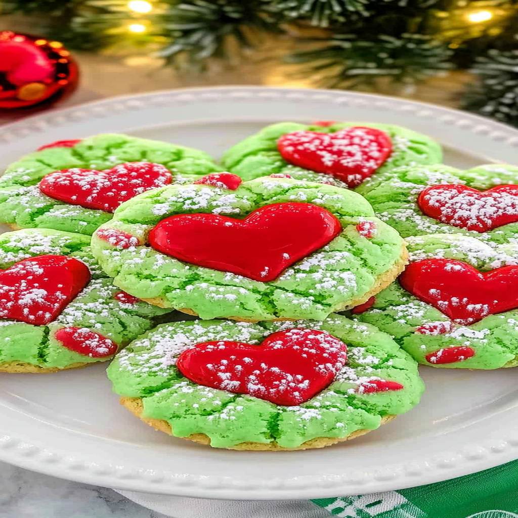 Recipe preparation for Grinch Heart Cake Mix Cookies