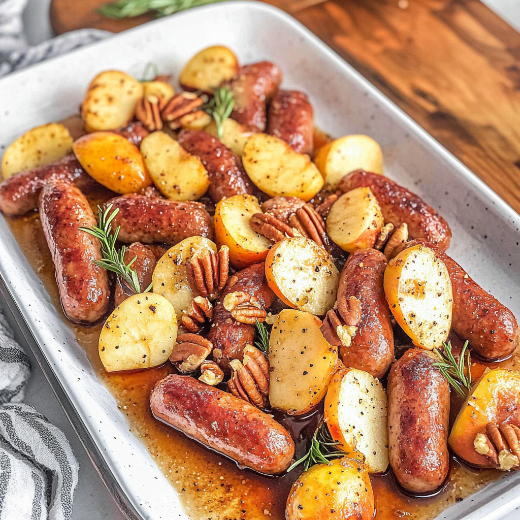 Recipe preparation for Sheet Pan Maple Pecan Chicken Sausage with Roasted Apples