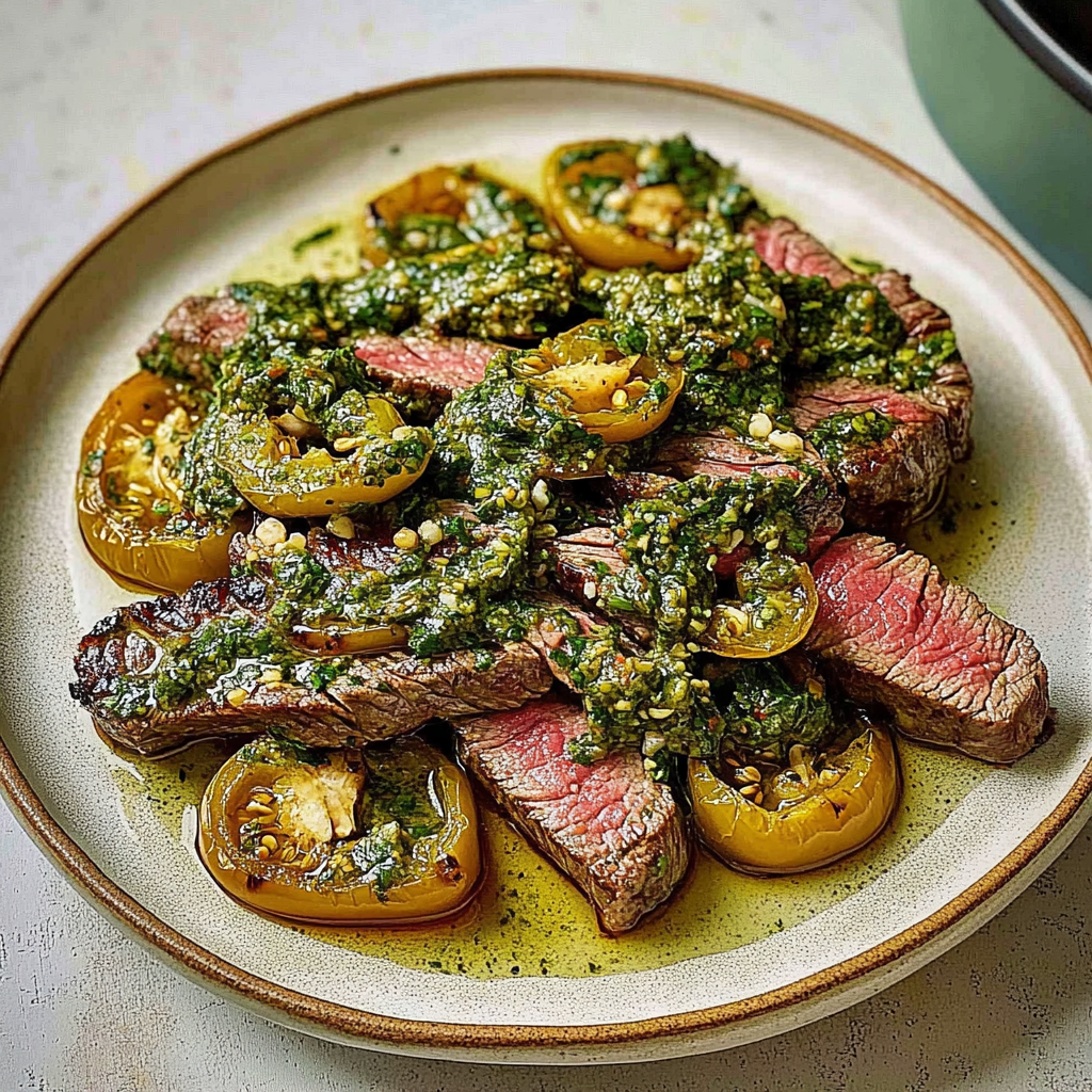 Recipe preparation for olive chimichurri steak with padron peppers