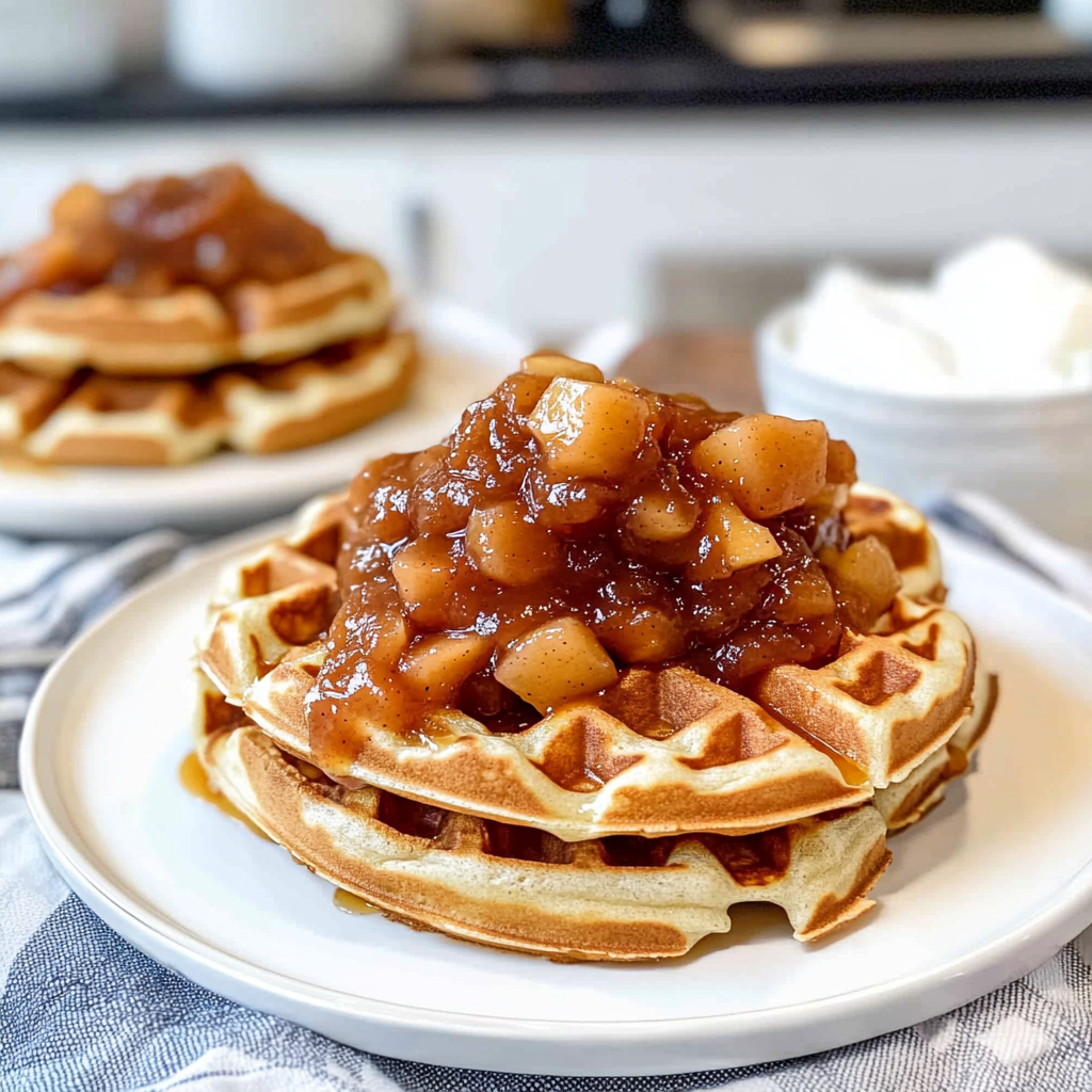 Recipe preparation for Belgian Waffles with Spiced Apple Compote
