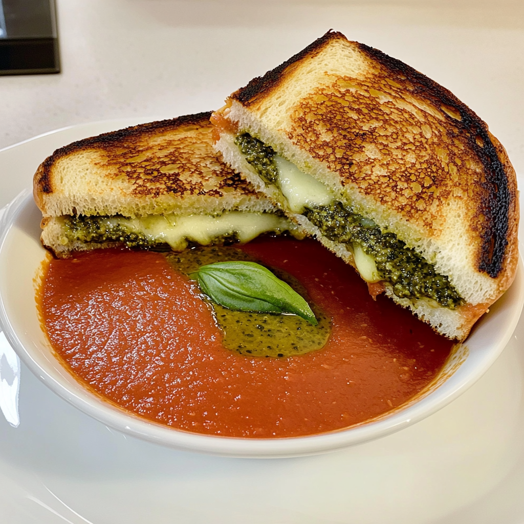 Recipe preparation for Roasted Tomato Basil Soup with Pesto Grilled Cheese