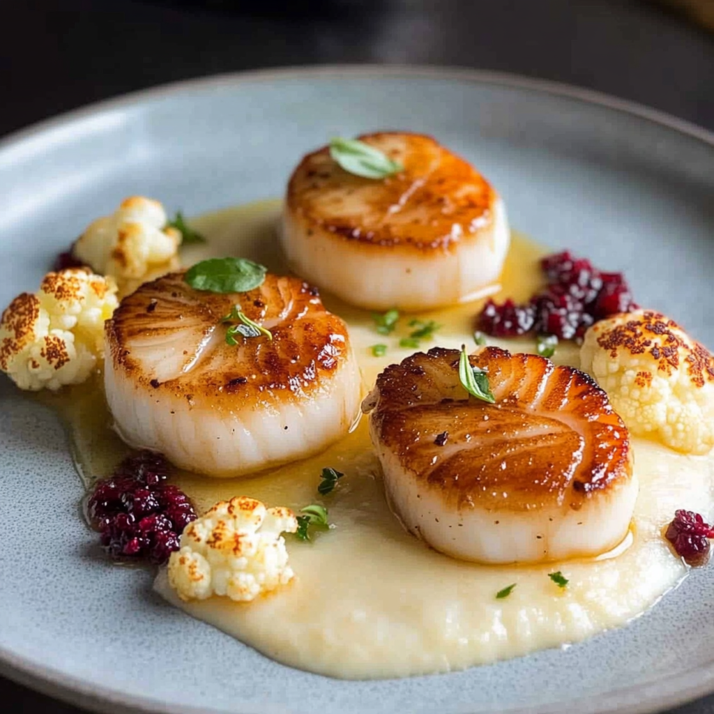 Recipe preparation for Pan-Seared Scallops with Cauliflower Puree