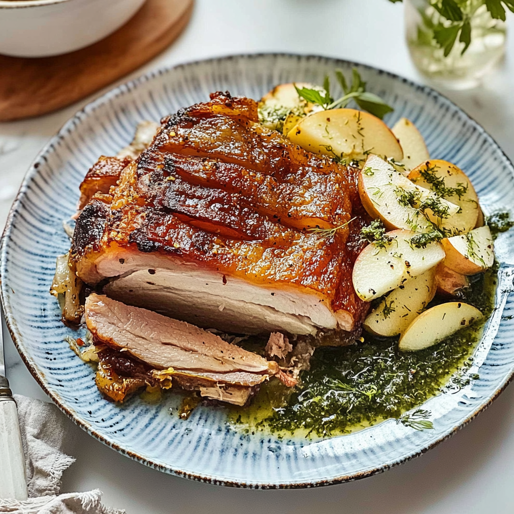 Recipe preparation for Slow-Roasted Pork Belly with Fennel and Apple