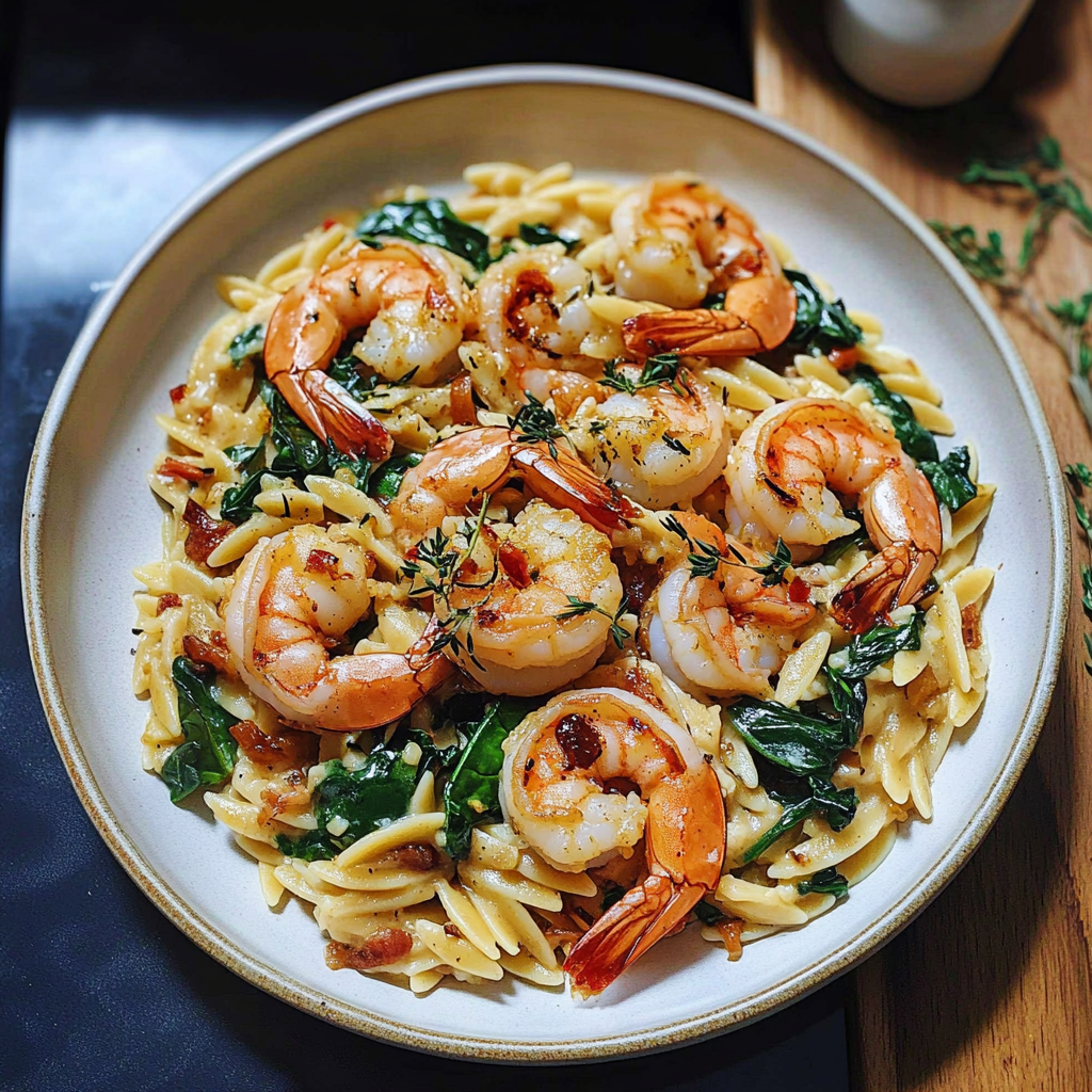Recipe preparation for Garlic Butter Shrimp with Orzo and Spinach