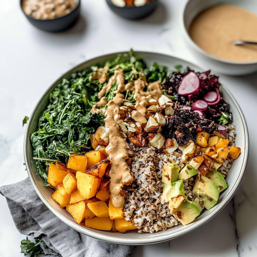 Recipe preparation for Harvest Grain Bowl with Maple Tahini Dressing